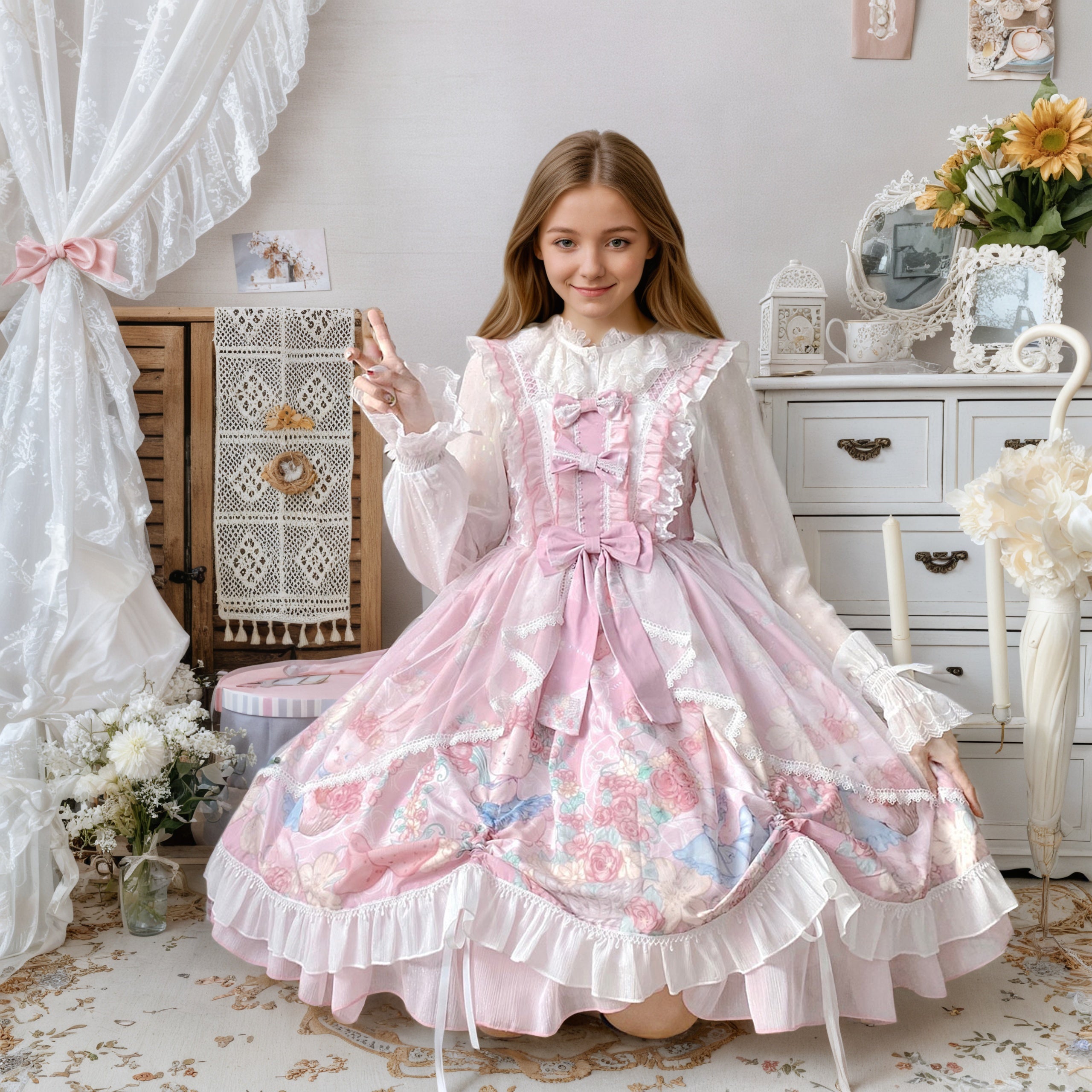 Sweet Lolita Cupcake Cat Print JSK Dress with Lace Ruffles Big Bow Kawaii Princess Style